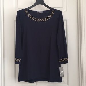JM Collection Women’s Top PS Petite Navy Blue T-shirt 3/4 Sleeves Tee NWOT